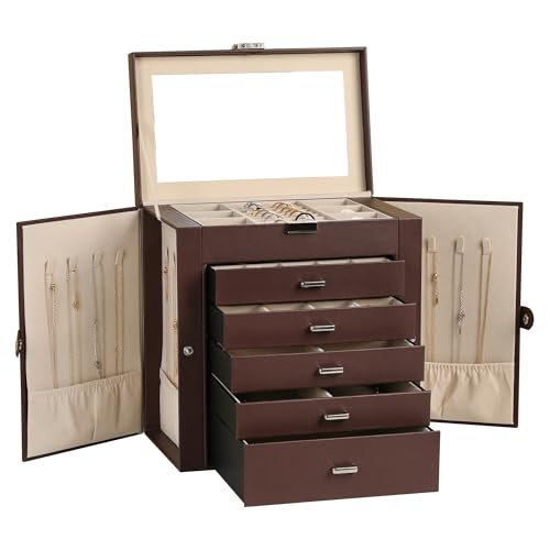 6-Layer Jewelry Box for Women,Large Jewelry Organizer with Drawer | Faux Leather,Built-in Mirror,Spacious Jewelry Storage,16 Necklace Hooks,Organizing by Category for Rings Earrings Bracelet - color: Dark Brown, size: Large