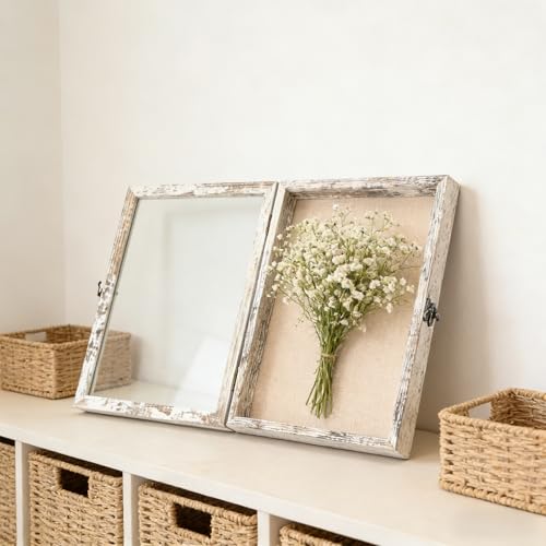 11×14 Shadow Box Frame, Linen Back, Glass Door, Hinge Display Case - color: Rustic White, size: 11×14