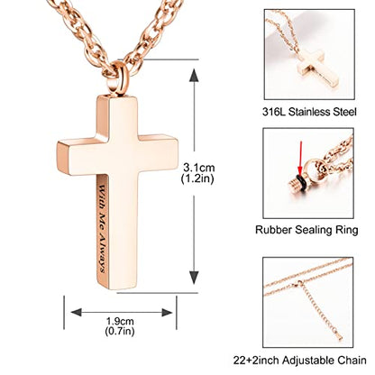 Cremation Cross Necklace for Ashes Stainless Steel Cross Urn Pendant Ashes Holder Memorial Jewelry-With Me Always - style: With me always-Rose Gold