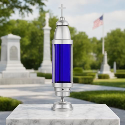 Silver Blue Cemetery Candle Holder for Grave, Cross Memorial Lantern, Cemetery Grave Decoration for Grave Markers