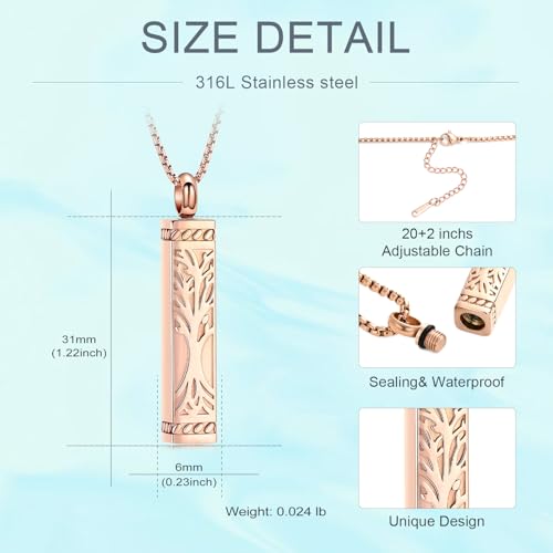 Tree of Life Urn Necklace, Stainless Steel Memorial Ashes Pendant | Tree of Life Cremation Jewelry Stainless Steel Locket Vertical Bar Keepsake Necklace Jewelry for Women Men Human Ashes - color: Rosegold