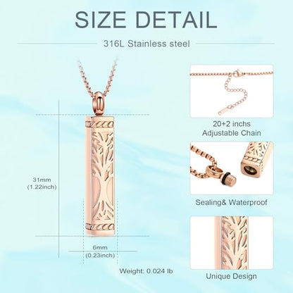 Tree of Life Urn Necklace, Stainless Steel Memorial Ashes Pendant | Tree of Life Cremation Jewelry Stainless Steel Locket Vertical Bar Keepsake Necklace Jewelry for Women Men Human Ashes - color: Rosegold