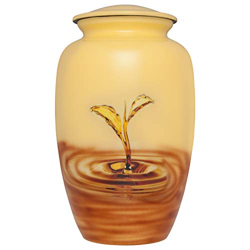 Flower Cremation urn with Sprouts Emerging from a Lake - Yellow Funeral Urn for Human Ashes - Hand Made in Aluminum - Suitable for Cemetery Burial or Niche - Large Size fits Remains of Adults - color: Sprout