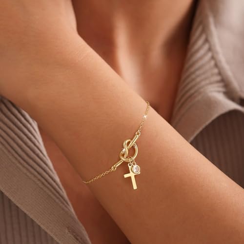 Moodear Cross Bracelet for Women, Dainty Sterling Silver/Gold Plated Gift | Christian Religious Gifts for Teen, Stocking Stuffers, Adjustable Link Bracelets, Sparkling CZ Cross, Non Tarnish Jewelry - color: Gold Knot Cross Bracelet
