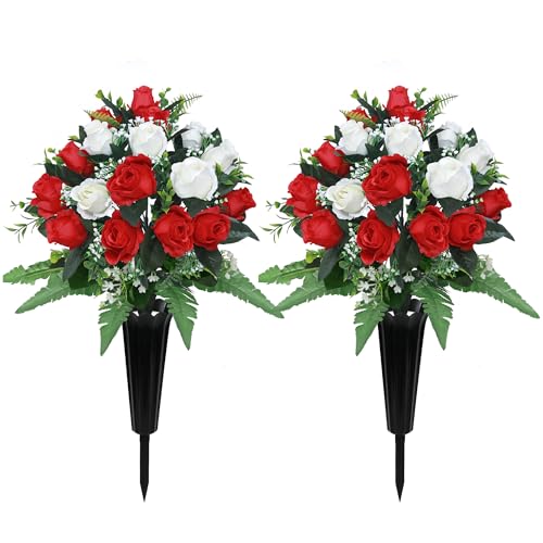 2 Sets Artificial Cemetery Flowers for Grave,Realistic Grave Flowers for Cemetery,Silk Rose with Vase for Headstone Tombstone Decoration Easy fit (Red White) - color: Red White
