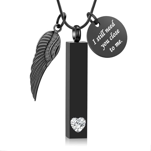 zeqingjw Cremation Jewelry for Ashes for Men Women with Angel Wing Charm Vertical Bar Urn Necklaces for Ashes Keepsake Loved Ones Memorial Vial Pendant - color: Z-Black White