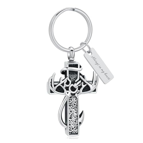 XSMZB Cross Cremation Jewelry Urn Necklace for Human Ashes Fish Hook Memorial Urn Pendant Deer Antler Cross Ashes Holder Keepsake Jewelry - color: Silver-Black Always