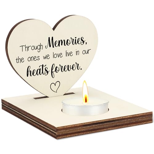 Through Memories Memorial Candle Holder, Wooden Tea Light Stand with Comforting Quote, Sympathy Bereavement Gift for Loss of Loved One, in Loving Memory Home Décor Remembrance Candle Display, CCA747 - color: Beige - Through Memories