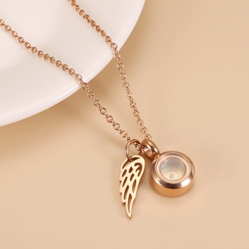 Tiny Glass Round Cremation Urn Necklace For Ashes For Women With Angel Wing Stainless Steel Memorial Locket Necklace Keepsake Jewelry - color: Rose Gold