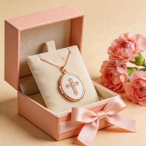 18K Gold Cross Locket Necklace for Women Holds Photo Necklace with Personalized Picture Necklaces Pendant 18 Inch Birthday Mother's Day for Women - color: Rose Gold Cross