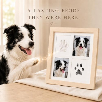 Paw Print Kit with Ink Pad, Soft Clay and 4-Panel Pet Frame | Inkless pad; soft clay; 4-panel frame for 2 photos and 2 prints; tabletop or wall display; dog and cat gift