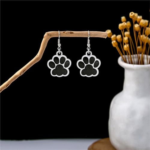 Dreuyet Paw Necklace and Earrings Set for Women Glitter Cute Dog Cat Pet Paw Print Pendant Necklace Earrings Lovely Animal Charm Jewelry Set Gifts - color: Silver Black