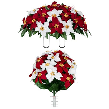 Artificial Cemetery Flowers - Gravesite Memorial Arrangment - Red & White Poinsettia - (1) Saddle (1) Bouquet - color: Red & White, size: (1) Saddle (1) Bouquet