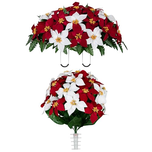 Sympathy Silks Artificial Cemetery Flowers - Gravesite Memorial Arrangment - Red & White Poinsettia - (1) Saddle (1) Bouquet - color: Red & White, size: (1) Saddle (1) Bouquet