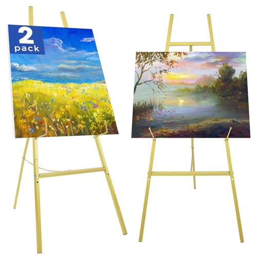 2 Pack Gold Easel Stand for Wedding Sign, Heavy Duty Metal Display Easel with Adjustable Chain, 4-Tier Height Adjustable Art Easel for Painting, Posters, Pictures & Commercial Display