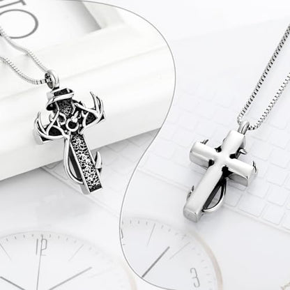 XSMZB Cross Cremation Jewelry Urn Necklace for Human Ashes Fish Hook Memorial Urn Pendant Deer Antler Cross Ashes Holder Keepsake Jewelry - color: Silver-Black