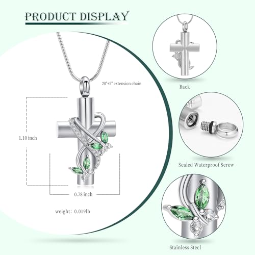 Butterfly Cross Cremation Jewelry Urn Necklaces Stainless Steel Cross Urn Necklaces for Ashes Memorial Keepsake Pendant for Women Gifts With Funnel Kit & Bag - color: Silver+Green