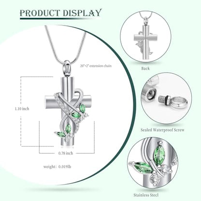 Butterfly Cross Cremation Jewelry Urn Necklaces Stainless Steel Cross Urn Necklaces for Ashes Memorial Keepsake Pendant for Women Gifts With Funnel Kit & Bag - color: Silver+Green