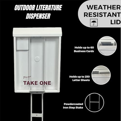 Sanzo Specialties Outdoor Brochure Box on a Stake 46 inch tall - Holds 250 8.5 x 11 Documents and 60 Business Cards, Flyer Literature Yard Dispenser (White, Pack of 1) - color: White, size: Pack of 1