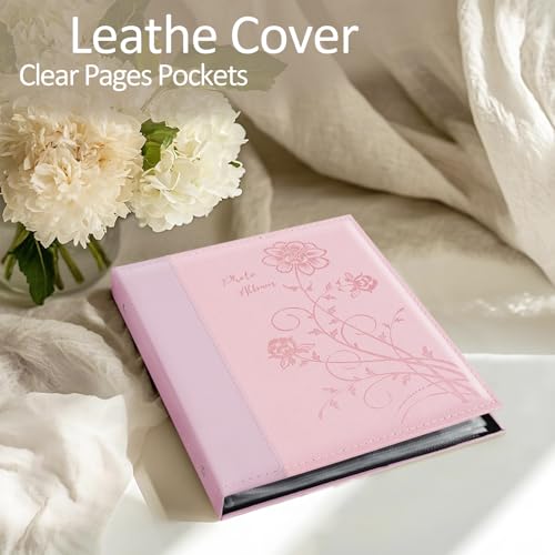 Photo Album 8x10 Clear Pages Pockets Leathe Cover Slip Slide in Photo Album Holds 50 Vertical 8x10 Photos Picture Book for Wedding Family (Pink) - color: Pink, size: 50 Pockets/1PK