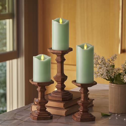 Matchless Candle Co. Set of 3 (3" x 4.5",5.5",6.5") Flameless LED Flickering Battery Candle Moving Flame Pillar, Melted Edge, Real Wax Smooth Finish (Pastel Green) - color: Pastel Green