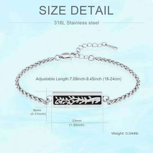 Tree of Life Urn Bracelets for Men Women Cylinder Bar Cremation Jewelry for Ashes Stainless Steel Adjustable Memorial Keepsake Bangle - color: Silver