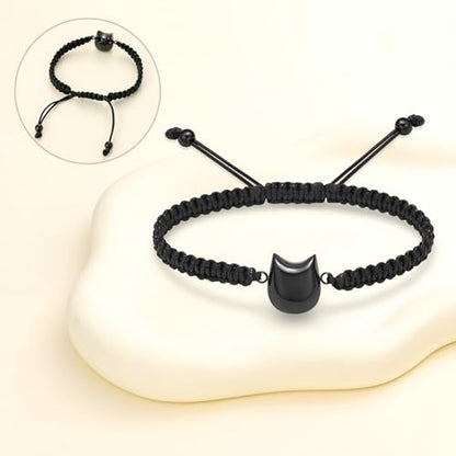 Oinsi Cat Urn Bracelet Cremation Jewelry for Pets Ashes Keepsake Handmade Braided Rope Adjustable Bangle Stainless Steel Urn Bangle Memorial Jewelry - color: C-Black