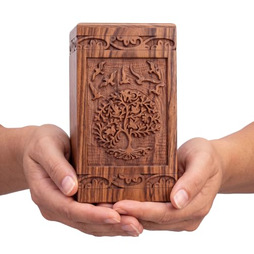 Tree of Life Wooden Keepsake Urn for Human Ashes, 20 cu in, Rosewood - color: Rosewood Tree and Birds, size: Keepsake (20 lbs)