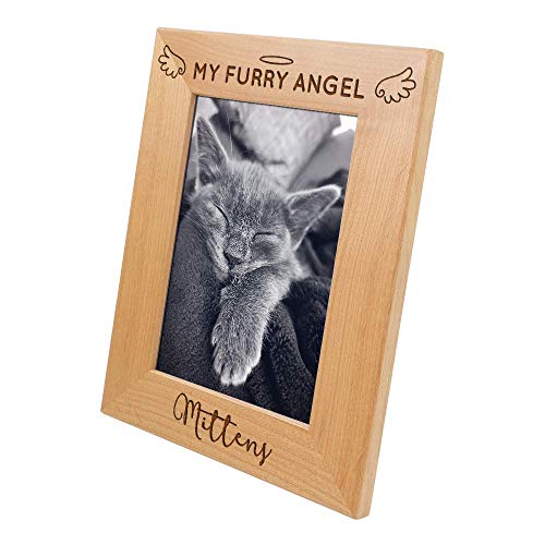 Pet Picture Frame Custom Wooden Engraved Table Top Home Decor Casual Style Personalized Memorial Gift Loss of Pet Remembrance Sympathy Ornament (Red Alder Wood, 5x7 Vertical-Furry Angel) - size: 5x7 Vertical-Furry Angel