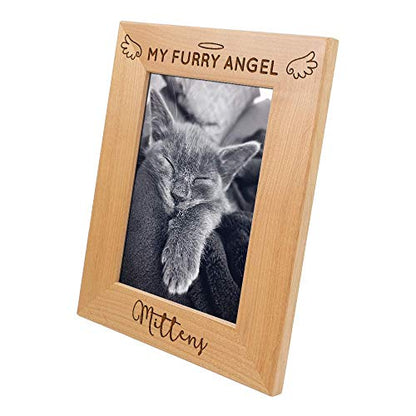 Pet Picture Frame Custom Wooden Engraved Table Top Home Decor Casual Style Personalized Memorial Gift Loss of Pet Remembrance Sympathy Ornament (Red Alder Wood, 5x7 Vertical-Furry Angel) - size: 5x7 Vertical-Furry Angel