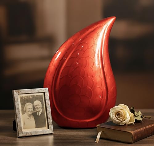 eSplanade Metal Cremation Urn Memorial Jar Pot Container | Full Size Embossed Urn for Ashes Funeral Burial | Teardrop Metal Urns | Red Fire - 10" Inches