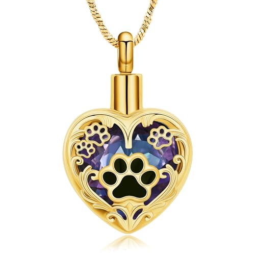 Yinplsmemory Pet Urn Necklace Pendant Jewelry for Dog Cat Memorial Crystal Heart Cremation Jewelry with Paw Print Ashes Keepsake Funeral Jewelry - color: Gold-purple