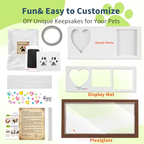 Pet Paw Print Frame Kit with Inkless Pad & Air-Dry Clay, Wooden Memorial Keepsake with Shatterproof Plexiglass for Dogs & Cats - color: brown
