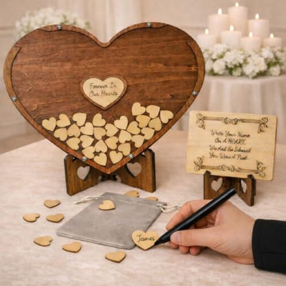 Wooden Heart Memorial Guest Book Alternative, Featuring-Forever in Our Hearts, Signing Hearts with Display Stand (135 Trinkets) - size: 135 Trinkets