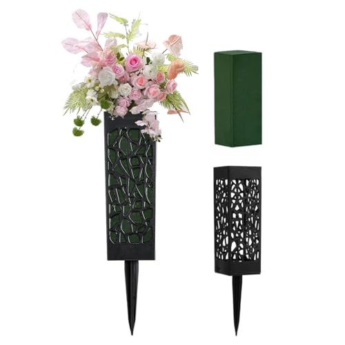 2 Pack Cemetery Vases, 12 Inch Grave Flower Holder with Long Spikes & Drainage Hole - Memorial Floral Arrangement Set with Foam Blocks for Graveyard