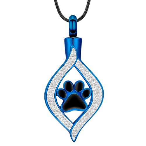 The Eye of My Heart Paw Print Urn Necklace for Ashes | stainless steel cremation jewelry, holds pet human ashes, paw print memorial urn pendant, leak-proof sealed design, unisex - color: Blue