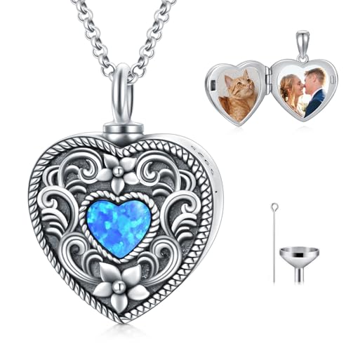 Personalized Heart Urn Locket Necklace for Ashes and Pictures 925 Sterling Silver Customized Locket Cremation Necklace for Ashes Memorial Keepsake Jewelry for Women - color: Flower Opal Urn Locket, style: No Custom