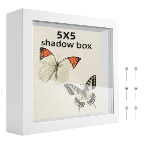 5x5 Shadow Box Frame, 1.2in Deep Keepsake Display Case, Linen Foam Back + 6 Push Pins, Thick Acrylic Front / Protective Film, Wall/Tabletop, for Flowers Tickets Medals Pet Memorial, White - color: White, size: 5x5