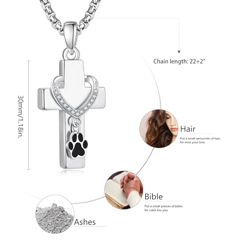 Customized Urn Necklaces for Ashes for Men Women 925 Sterling Silver Cross Necklace for Human Pets Ashes Cremation Memorial Jewelry for Keepsake - style: Cross Paw Urn(customized)