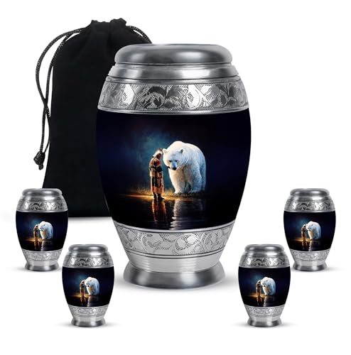 Native American Urn for Ashes Adult Female and Male 10 Inch & 4 Keepsake Set 3 Inch - Blue Adult Urns for Human Ashes Women - Deer Funeral Urns for Mom and Dad - 1 Large Black Memorial Urn for Ash - color: Native American-1, size: combo-3