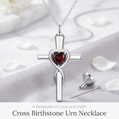 YYB Urn Necklace for Ashes Women Heart Birthstone Cross Cremation Jewelry | Memorial Keepsake Funeral Jewelry for Loved Ones (with Funnel Filler) - color: 01-Jan-Garnet