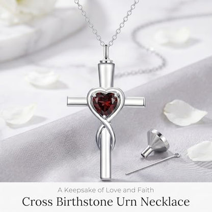 YYB Urn Necklace for Ashes Women Heart Birthstone Cross Cremation Jewelry | Memorial Keepsake Funeral Jewelry for Loved Ones (with Funnel Filler) - color: 01-Jan-Garnet