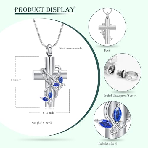 Butterfly Cross Cremation Jewelry Urn Necklaces Stainless Steel Cross Urn Necklaces for Ashes Memorial Keepsake Pendant for Women Gifts With Funnel Kit & Bag - color: SilverBlue