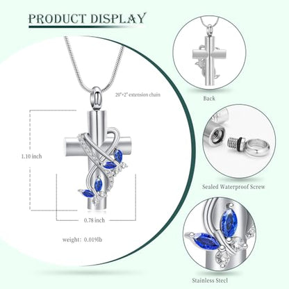 Butterfly Cross Cremation Jewelry Urn Necklaces Stainless Steel Cross Urn Necklaces for Ashes Memorial Keepsake Pendant for Women Gifts With Funnel Kit & Bag - color: SilverBlue