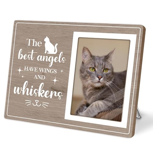 Cat Picture Frame, Cat Memorial Wooden Photo Frame, Pet Remembrance Gift, Sympathy Gift for Pet Owner, Cat Memorial Gifts for Loss of Cat, The Best Angels Have Wings and Whiskers (Gray, 4 x 6 Photo) - color: Gray