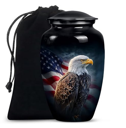 American Flag Eagle Urn for Ashes Adult Male, Patriotic Funeral Urns for Human Ashes Adult Female, Black Military Urn for Ash Mom & Dad (Large, 10 Inch) - color: Patriotic American Flag Eagle