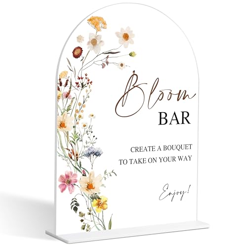 Bloom Bar Sign, Flower Style Bridal Shower Sign for Wedding, Engagement, Bridal Shower and Reception, Bridal Shower Decorations, Wedding Shower Favors, 6X8 Inch Acrylic Arch Sign with Stand,1 - color: Bloom Bar,1