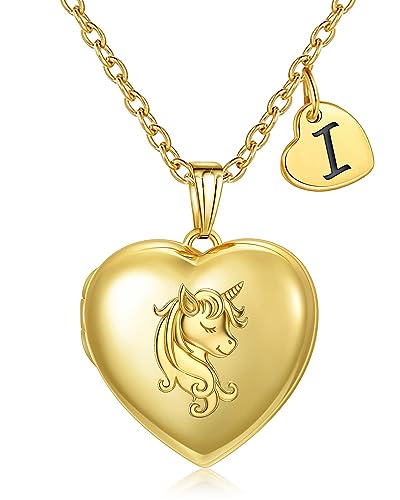 YOUFENG Heart Letter Unicorn Locket Necklace Initial Locket that Holds Pictures Locket Birthday Gifts - color: I