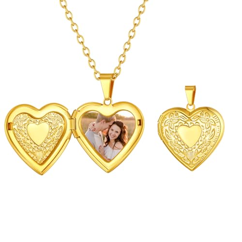 FindChic Locket Necklace for Women Custom Photo Memorial Gifts Multi-Shaped - color: Gold-Heart to Heart
