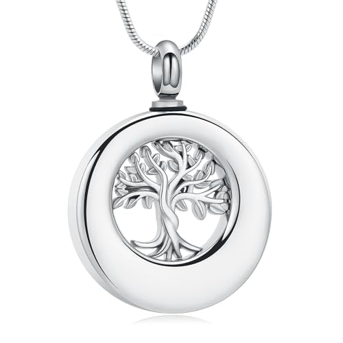 Hearbeingt Tree of Life Urn Necklaces for Ashes Circle Cremation Jewelry - color: A-Silver